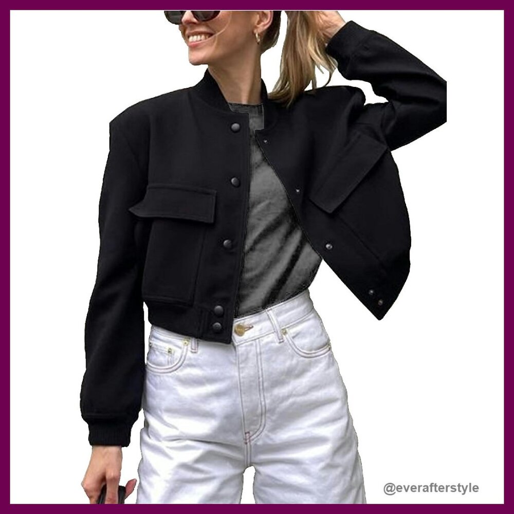 Cropped Bomber Jacket Lightweight Button Down Var… - image 1